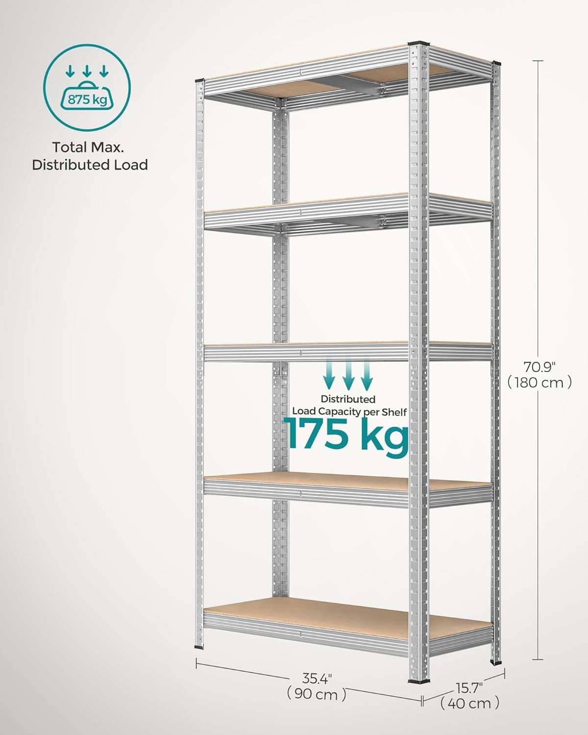 Image showing a single 5-tier shelving unit and how it can be reconfigured into two smaller, separate units, one as a workbench and one as a shorter shelf.