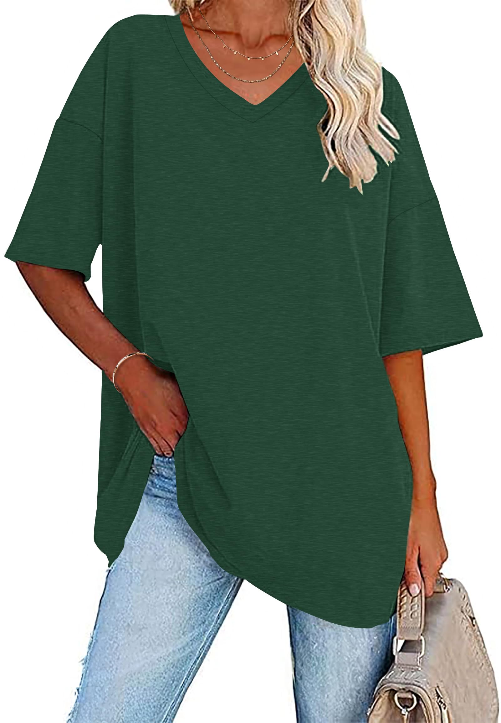 WNEEDU Oversize Shirt Damen Tshirt Sommer Longshirt Lässig Große Größen | V ausschnitt oberteile,big tunika, kurzarm top