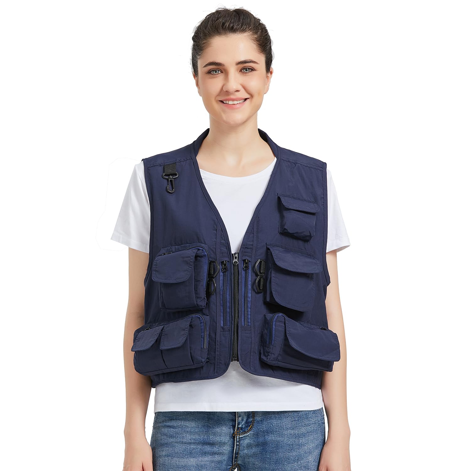 Ziker Women's Mesh Breathable Openwork Jouralist Photographer Fishing Vest Waistcoat Travel Jacket Coat With Pockets (as1, alpha, xx_l, regular, regular, New Navy), New Navy, XXL