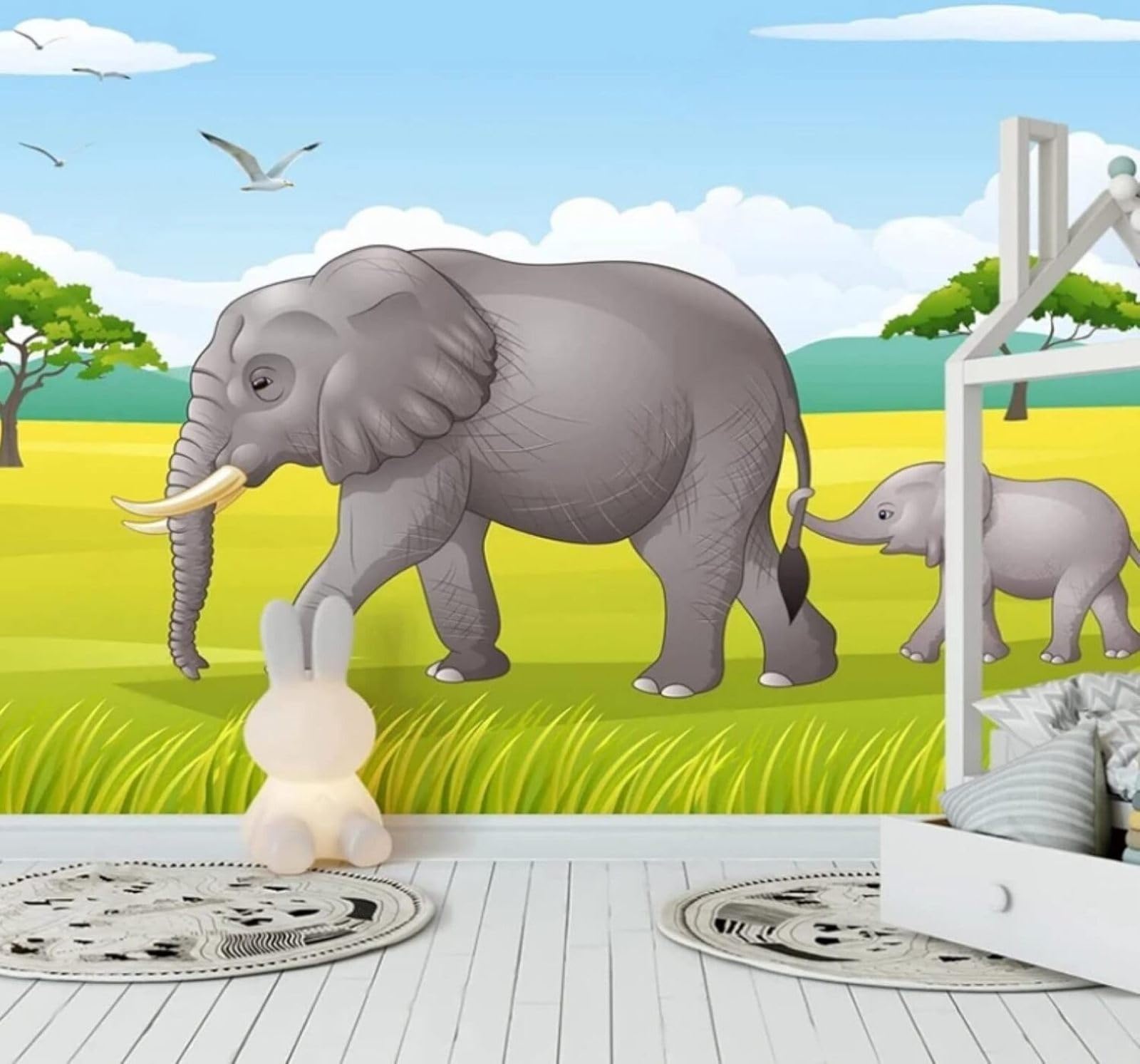 Hand Drawn Cartoon Elephant Forest Grassland 3D Wallpaper Easy Install Feature Office Living Room Sofa Bedroom TV Background Wall Decoration-250cm×170cm