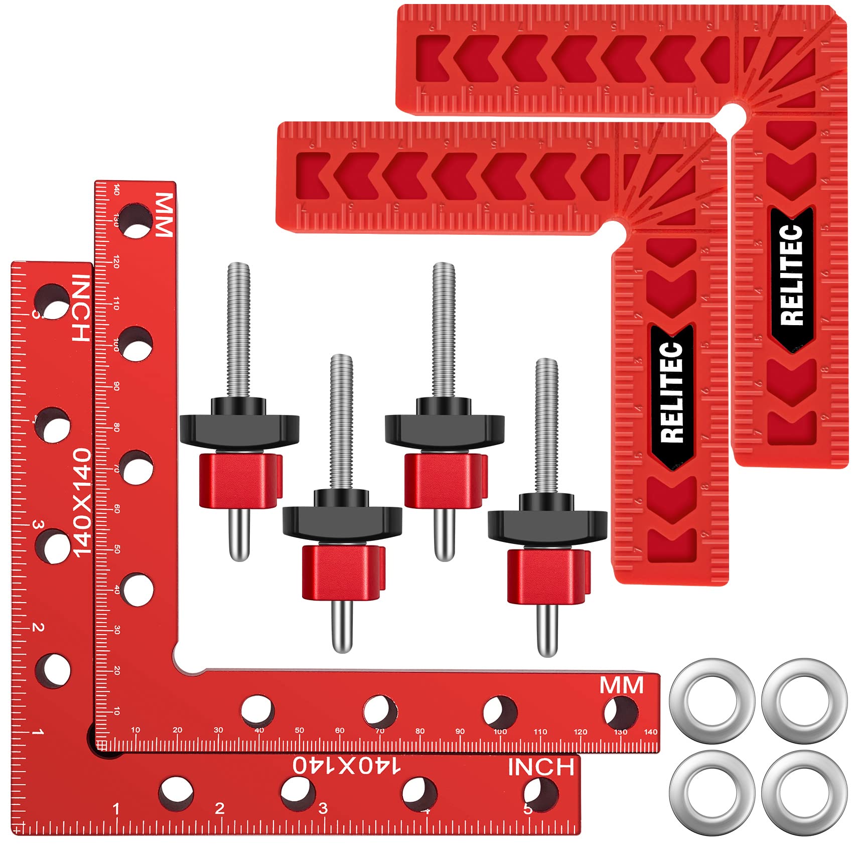 Relitec R Clamping Square, 90 Degree Corner Clamp, Right Angle Clamp for Woodworking, Included 2 Aluminum Alloy Positioning Squares (14cm/5.5")+ 4 Clamps, Tools for Cabinet