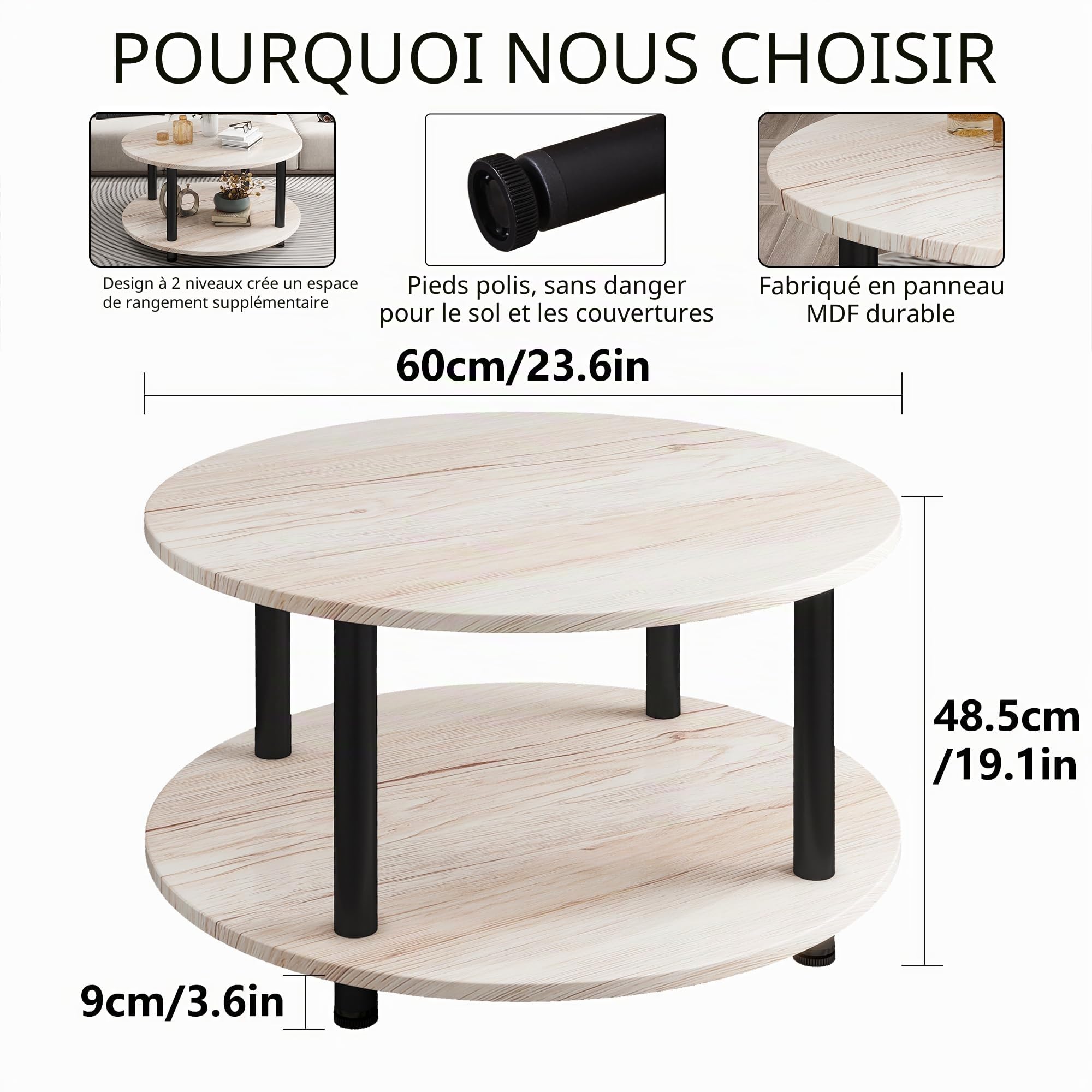 Table Basse Ronde avec 2 Étagères - Table d'Appoint pour Salon, Chambre à Coucher - Structure Solide en Métal/Plateau MDF - 60 x 60 x