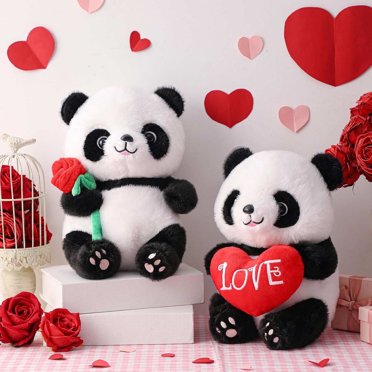 Soulchen 2 Pcs Stuffed Animal Gifts for Mom Soft Fur Panda with Heart and Roses Cute Soft Gift Families Birthday Anniversary to Show Love