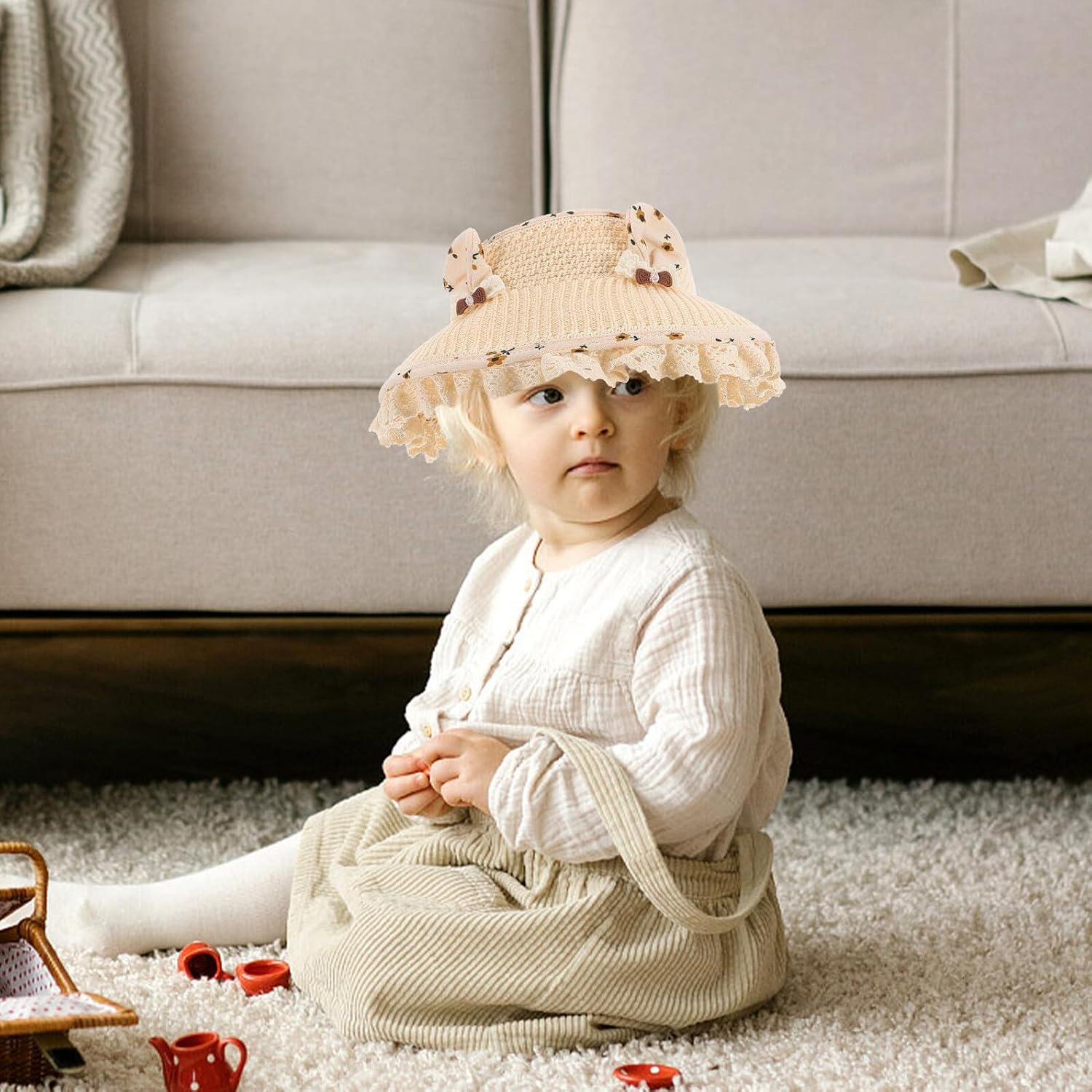 Bunny Ear Wide Brim Sun Hat, Beige Empty Top Visor Cap, 48-50cm Breathable Summer Sun Blocking Beach Accessory