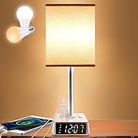 Yostyle 3-in-1 Bedside Table Lamp with 4 USB Ports, 2 AC Outlets, Alarm Clock & Oatmeal Fabric Shade - Nightstand Charging Station