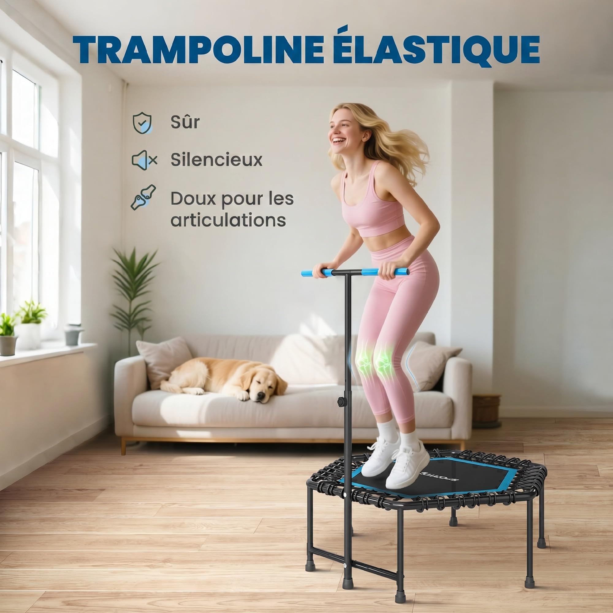 SPORTNOW Trampoline de Fitness 114 cm avec Cordes élastiques, poignée réglable sur 3 Positions, Trampoline Adulte Charge 100 kg Stable et Silencieux pour entraînement intérieur