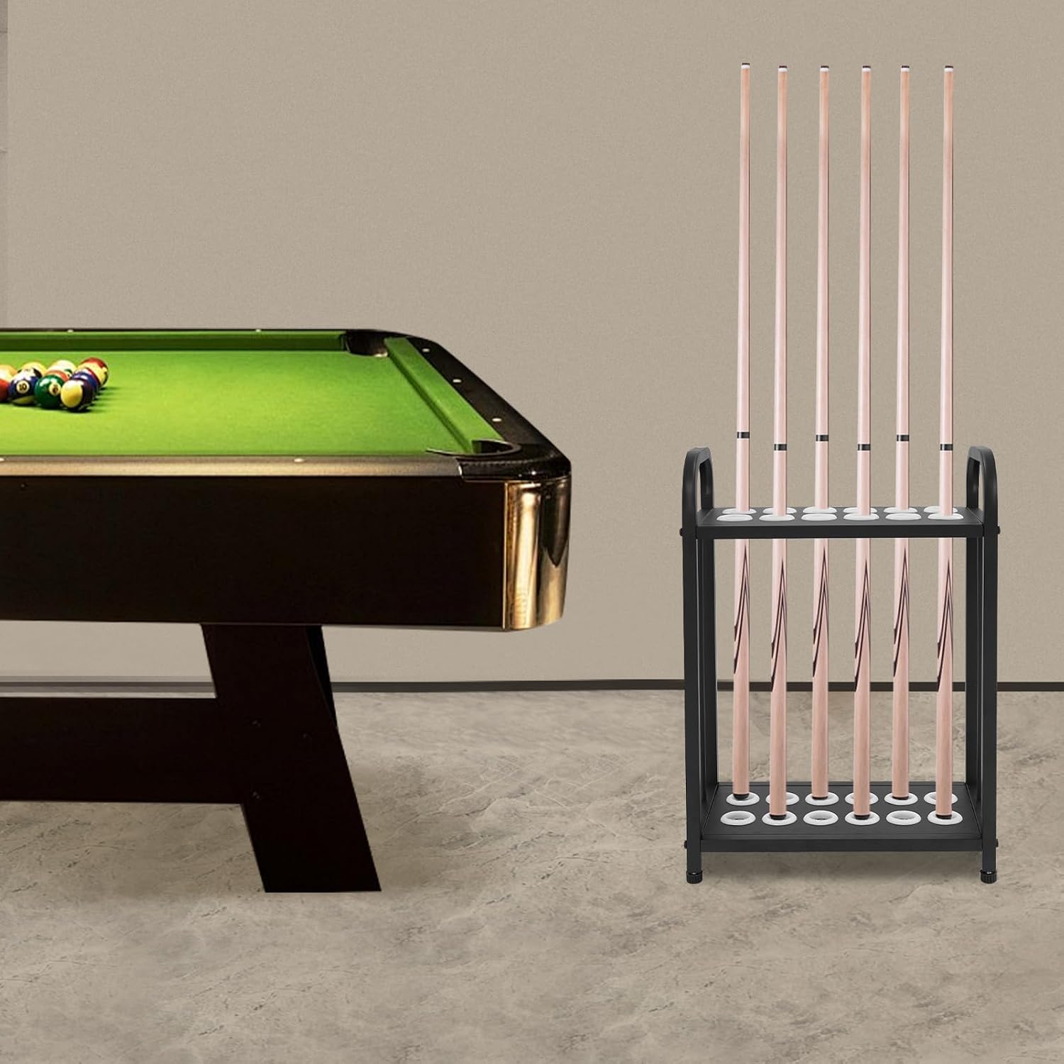 12-Hole Floor Stand Pool Cue Rack, Sturdy Carbon Steel Pool Stick Holder with Double-Tier Stable Structure, Easy-Assemble Billiards Accessories Organizer for Game Room (White)