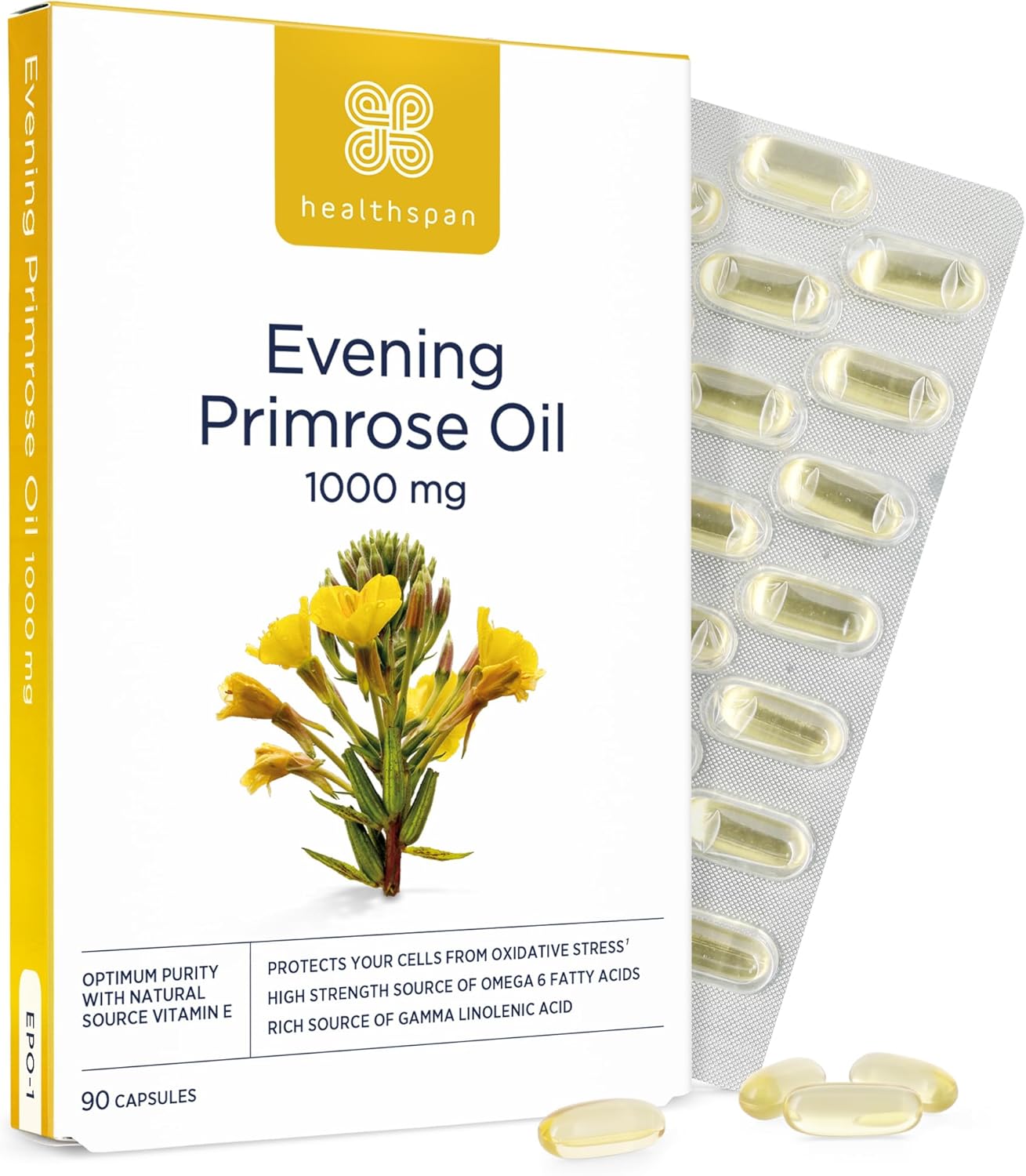 Healthspan Evening Primrose Oil | Support Women’s Health | Helps Maintain Hormonal Balance | Rich Source of Omega 6 Fatty Acids | Added Vitamin E | Vegan (90 Capsules, 1,000mg)