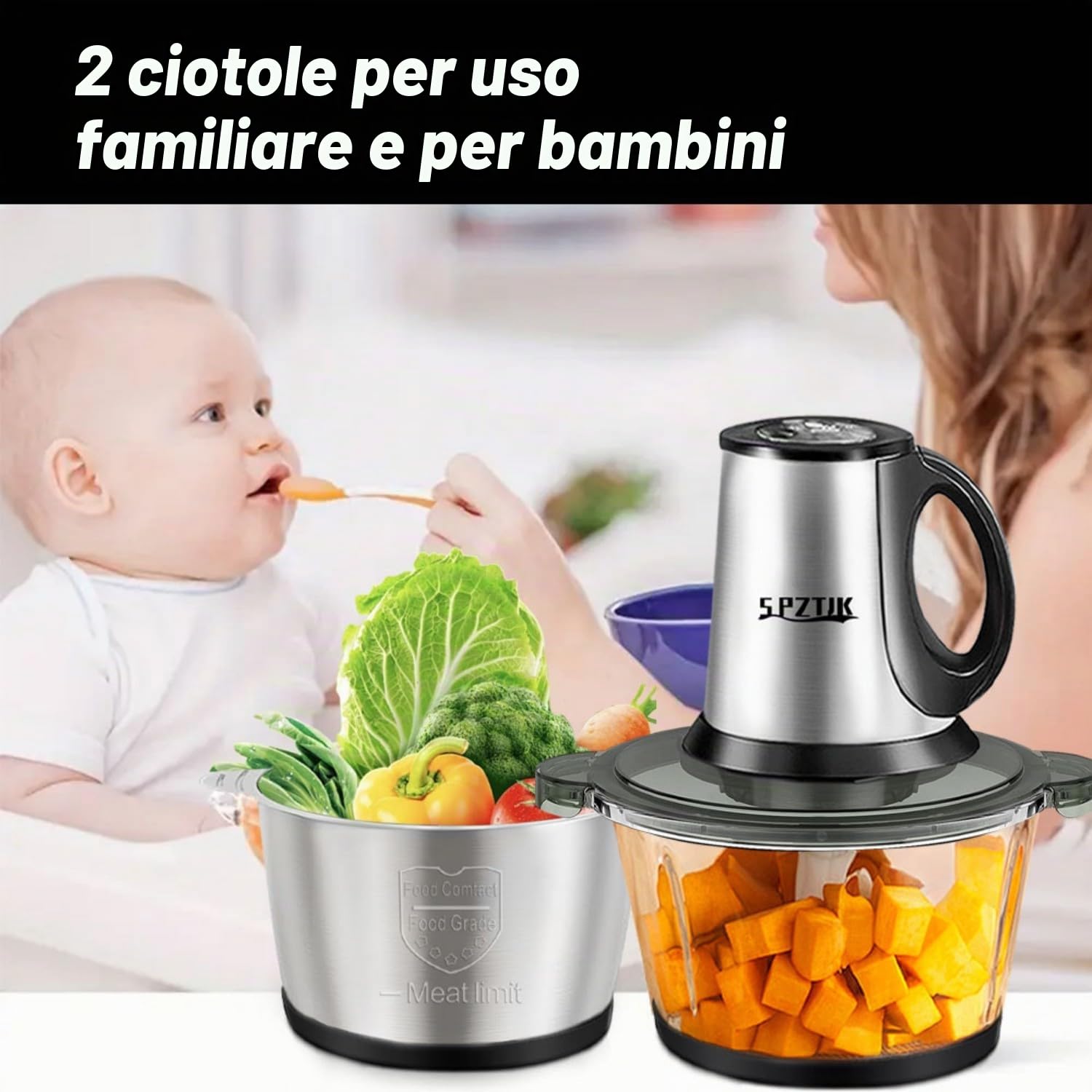 300 W, tritacarne elettrico a 3 velocità con 8 tazze in acciaio inox e 8 tazze, macinacaffè, 2 set di 4 lame a due livelli, verdure