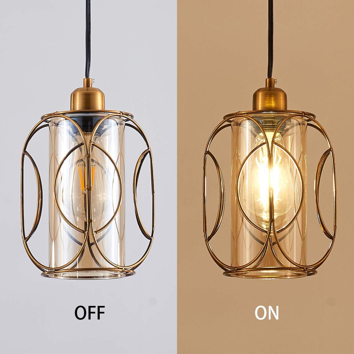 YLONG-ZS Gold Pendant Light Plug in,Glass Hanging Lamp Dimmable, Vintage Swag Ceiling Lamp for Kitchen Island,Bedroom,Living Room,Dining Room