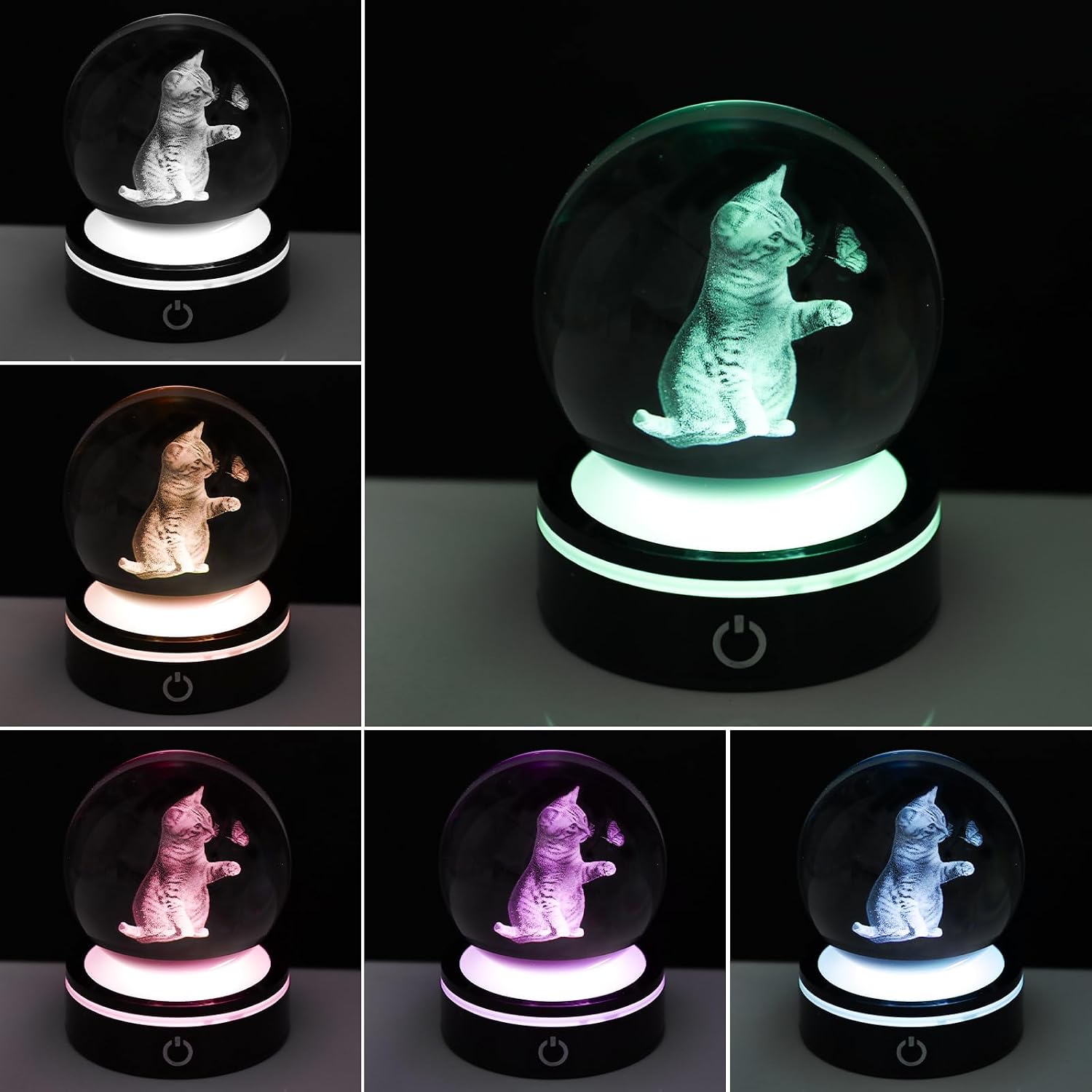 Cat Night Light, 3.15" (80mm) 3D Crystal Ball with Butterfly Figurine, K9 Glass Sphere with Colorful Base, Cat Lovers Gifts for Women Kids, Cat Lamp for Bedroom Decor, Birthday Gifts