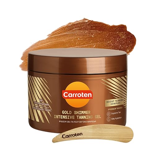 Carroten Gold Shimmer Tanning Gel | Browning Tan Accelerator | Non-Greasy, Water-Resistant with Carrot & Coconut Oil | Vitamin A & E For Moisture & Hydration | Made in Greece | 5 Fl Oz