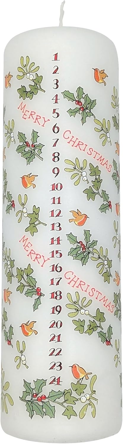 Alison Gardiner Holly and the Ivy Advent Pillar Candle – Unscented Wax Christmas Countdown, 70hr Burn, Handmade in UK – Festive Candle for Table, Mantel & Holiday Décor