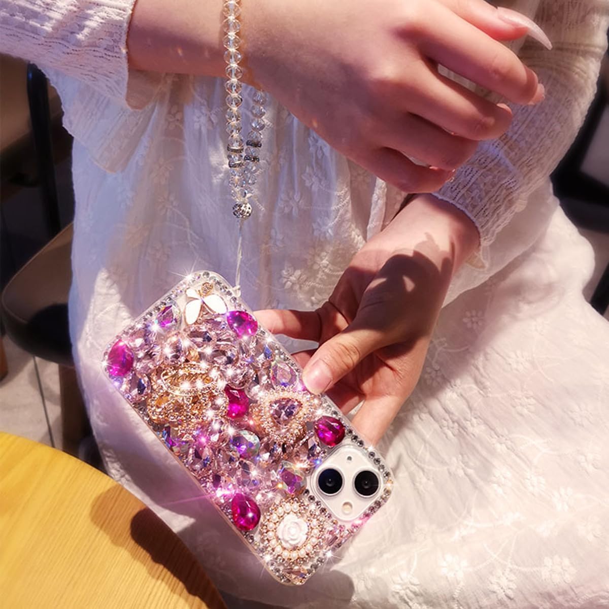Glitter Bling Case for iPhone 15 Plus, Cute Luxury 3D Crown Crystal Rhinestone Diamond Sparkle Gemstones Pearl with Wrist Strap Chain Women Girls Phone Case for iPhone 15 Plus 6.7" (Pink) - Image 5