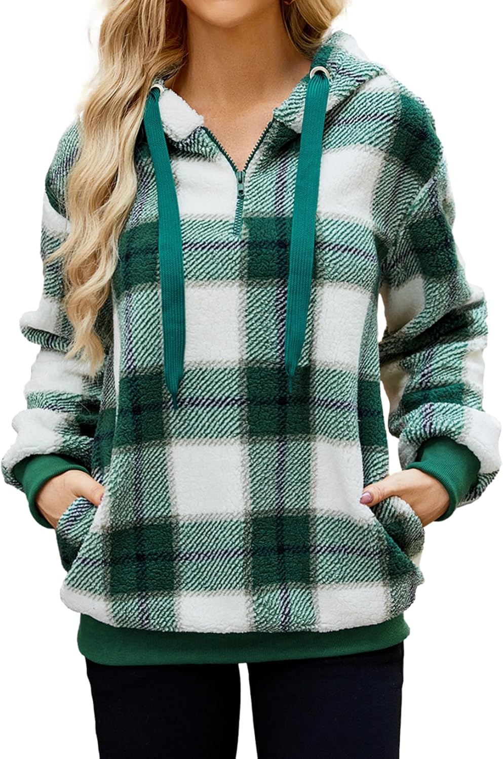 Nirovien Womens Sherpa Pullover Oversized Fuzzy Hoodie Double Fleece Sweatshirts Fluffy Plaid Outerwear Warm Coats Large A-plaid Green White