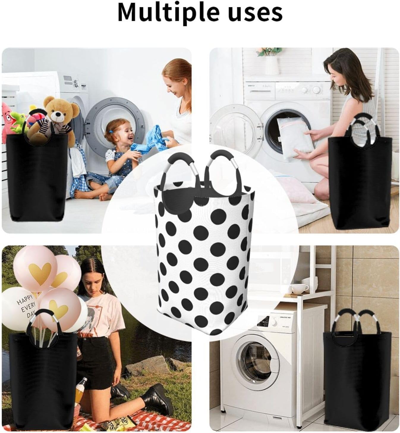 50l Laundry Basket Black Polka Dot Waterproof Laundry Hamper Foldable Clothes Laundry Bag With Handles