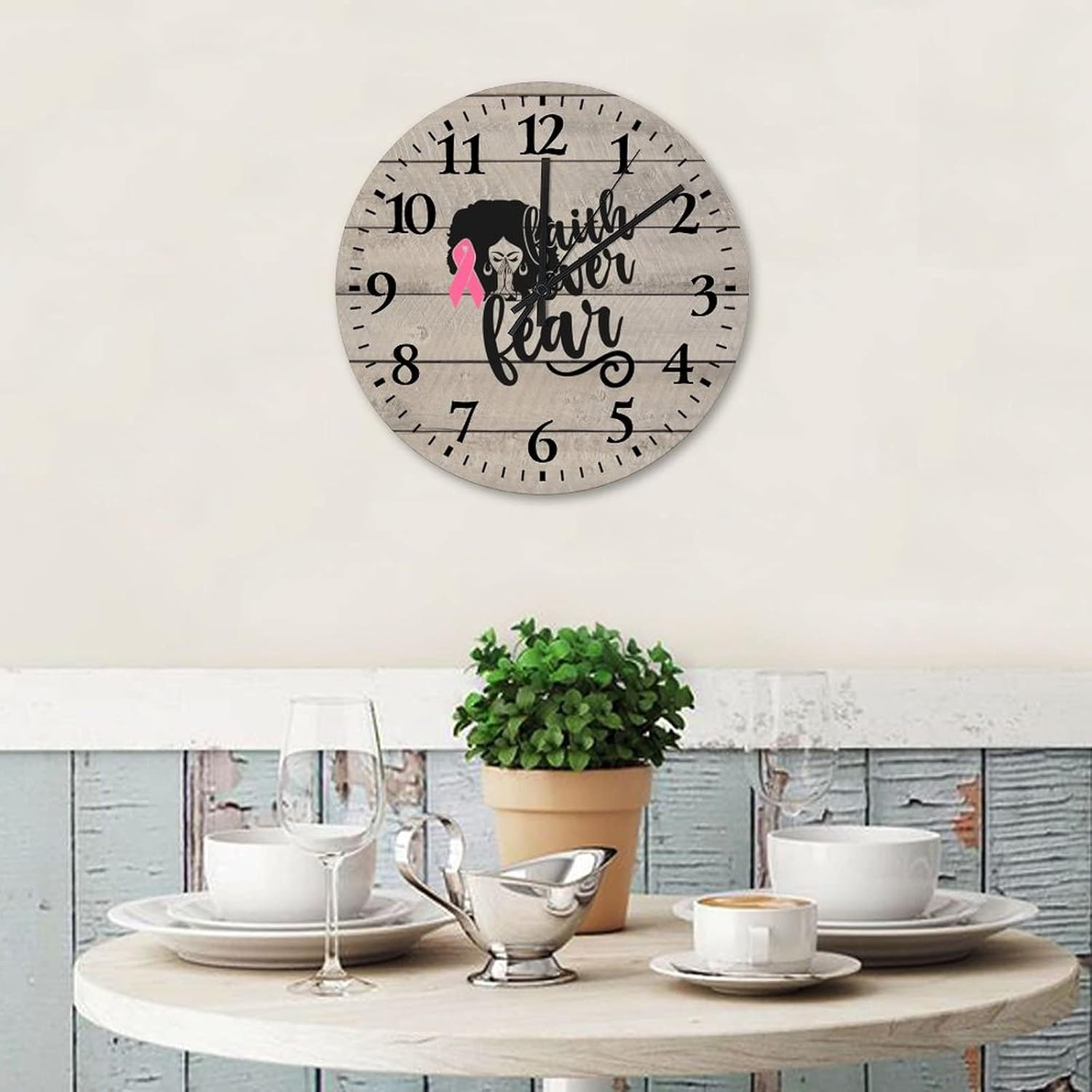 Wall Clock Breast Cancer Faith Over Fear Kitchen Wall Clock Quality Quartz Non Ticking Arabic Numbers Breast Cancer Awareness Month Pink Ribbon Round Clock for Living Room 15 Inch