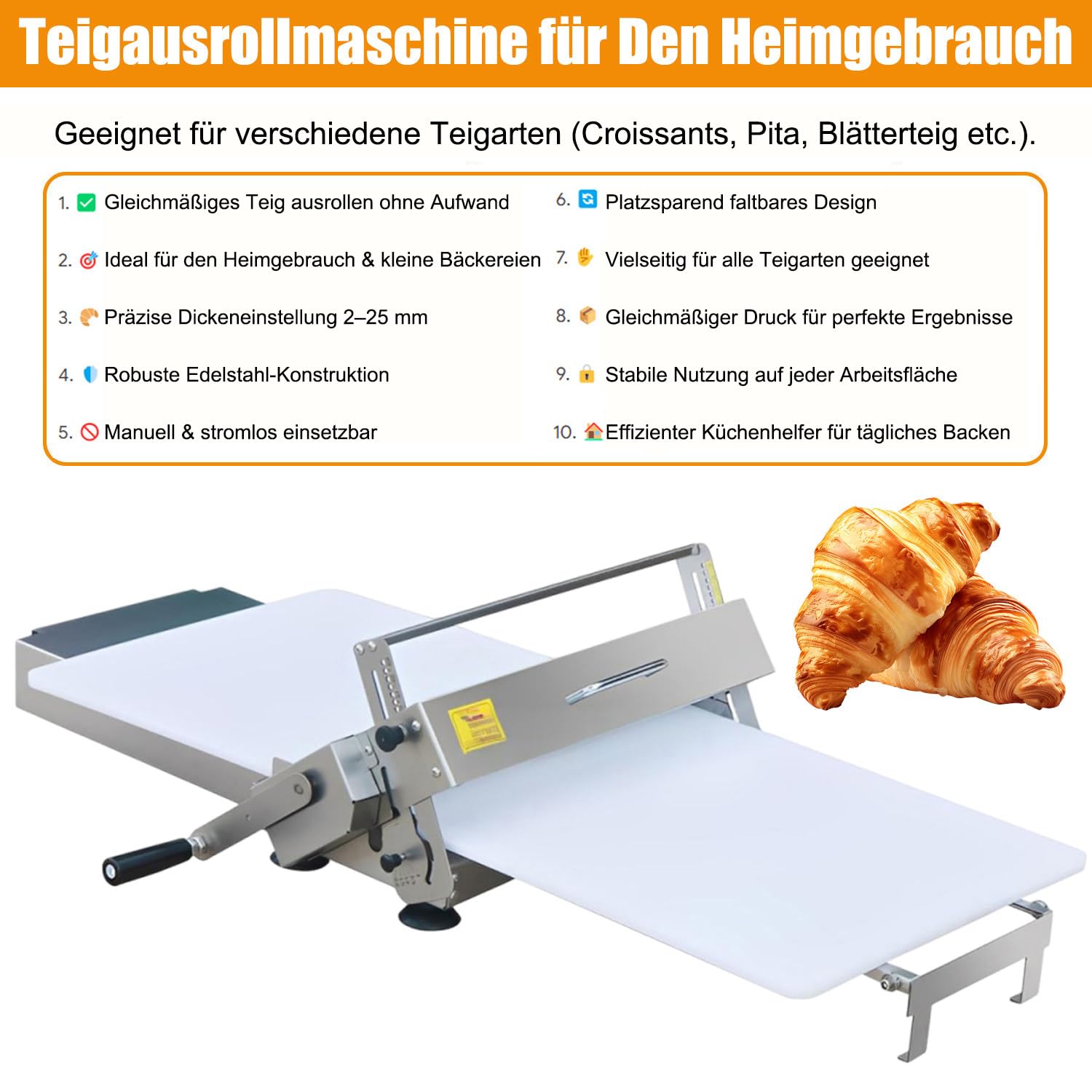 Teig ausrollen Maschine manuell Edelstahl | Gleichmäßige Teigplatten für Pizza Pasta Croissant & Kuchen | Faltbare Teigausrollmaschine aus Edelstahl für Heimgebrauch Küche & kleine Bäckereien Large