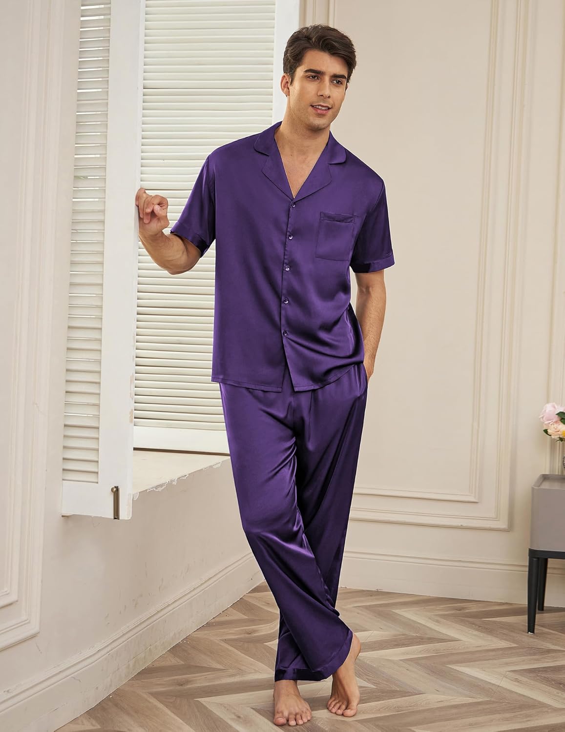 Ekouaer Men Satin Silk Pajamas Set 2 Piece Button Down Sleepwear Long Pants Loungewear with Pockets - Image 2