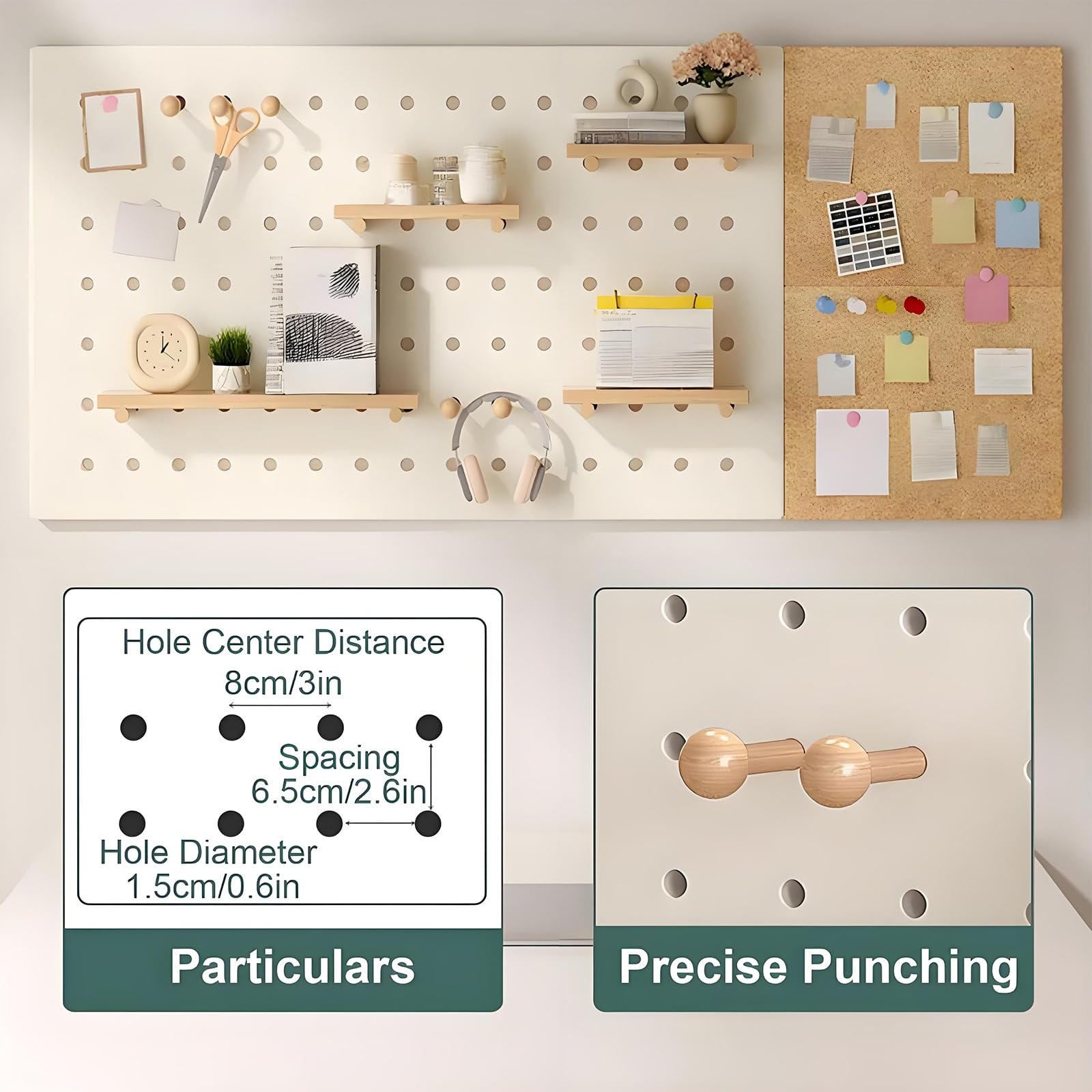 Tablero Perforado de Madera, Soporte Multifuncional para Herramientas, Panel Perforado para Sala de Estar, Entrada, Dormitorio y Oficina, Fácil Instalación(White)