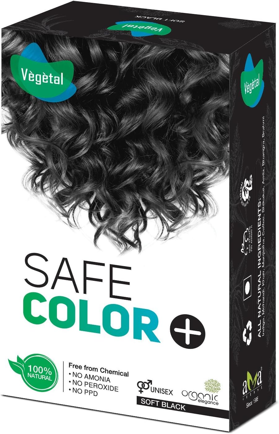 Vegetal Safe Hair Color -Soft Black 100gm - Certified Organic Chemical and Allergy Free Bio Natural Hair Color with No Ammonia Formula for Men & Women