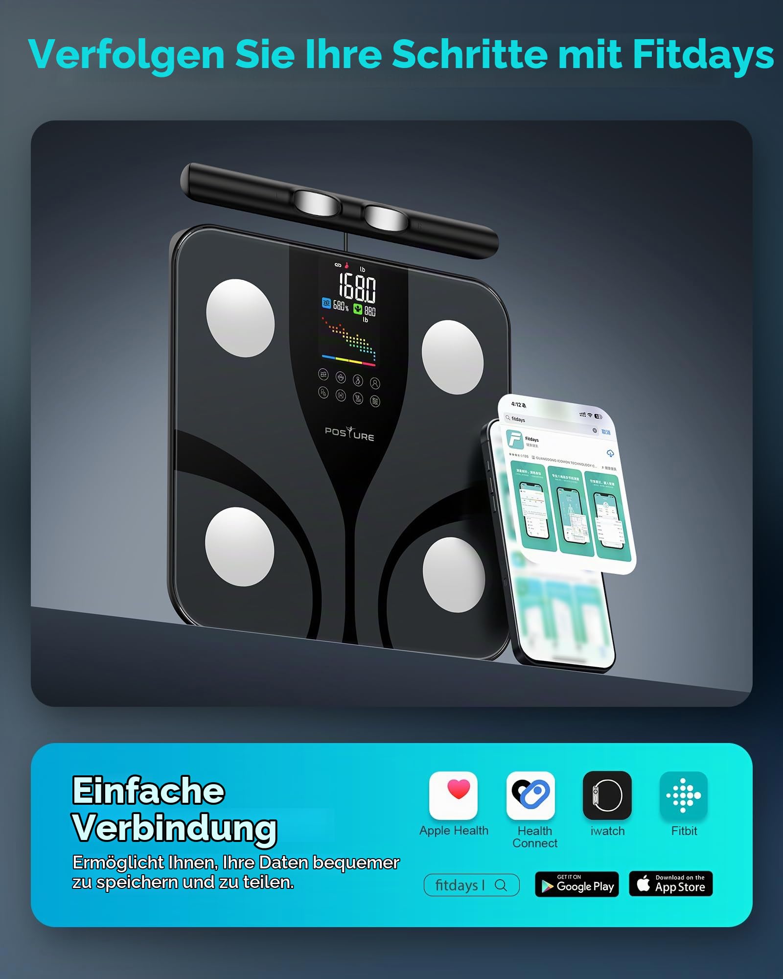 Posture Körperfettwaage, Intelligente Personenwaage Digitale 8 Elektroden für Körperfettanteil, Farbiges und Interaktives LCD-Display BMI und 28 Körpermesswerte, Großer Plattform