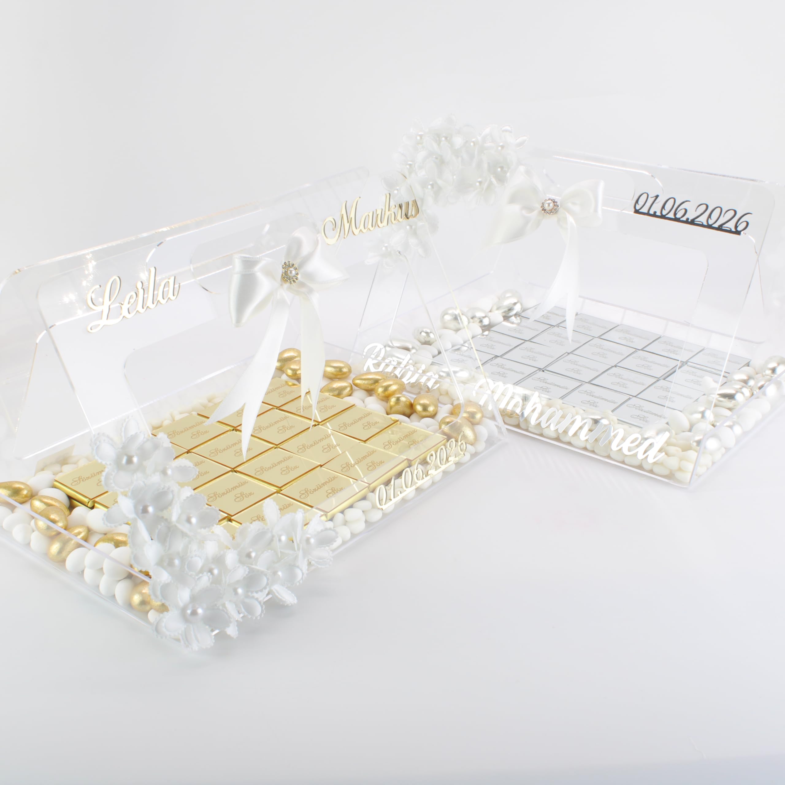 Personalisierte Schokolade-Tasche - Plexiglas Geschenk mit Gravur - 20/40 Stück - Verlobung, Hochzeit & Events - Halal Pralinen & Süßigkeiten