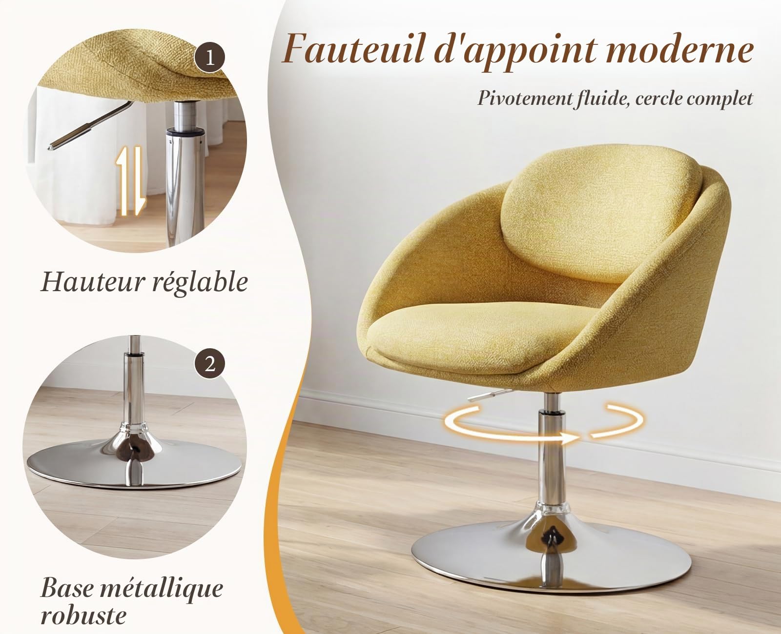 Ya-Home Fauteuil de Salon Moderne en Chenille, Chaise Coiffeuse Design avec Base Ronde Chromée Fauteuil Relax Réglable en Hauteur, Jaune
