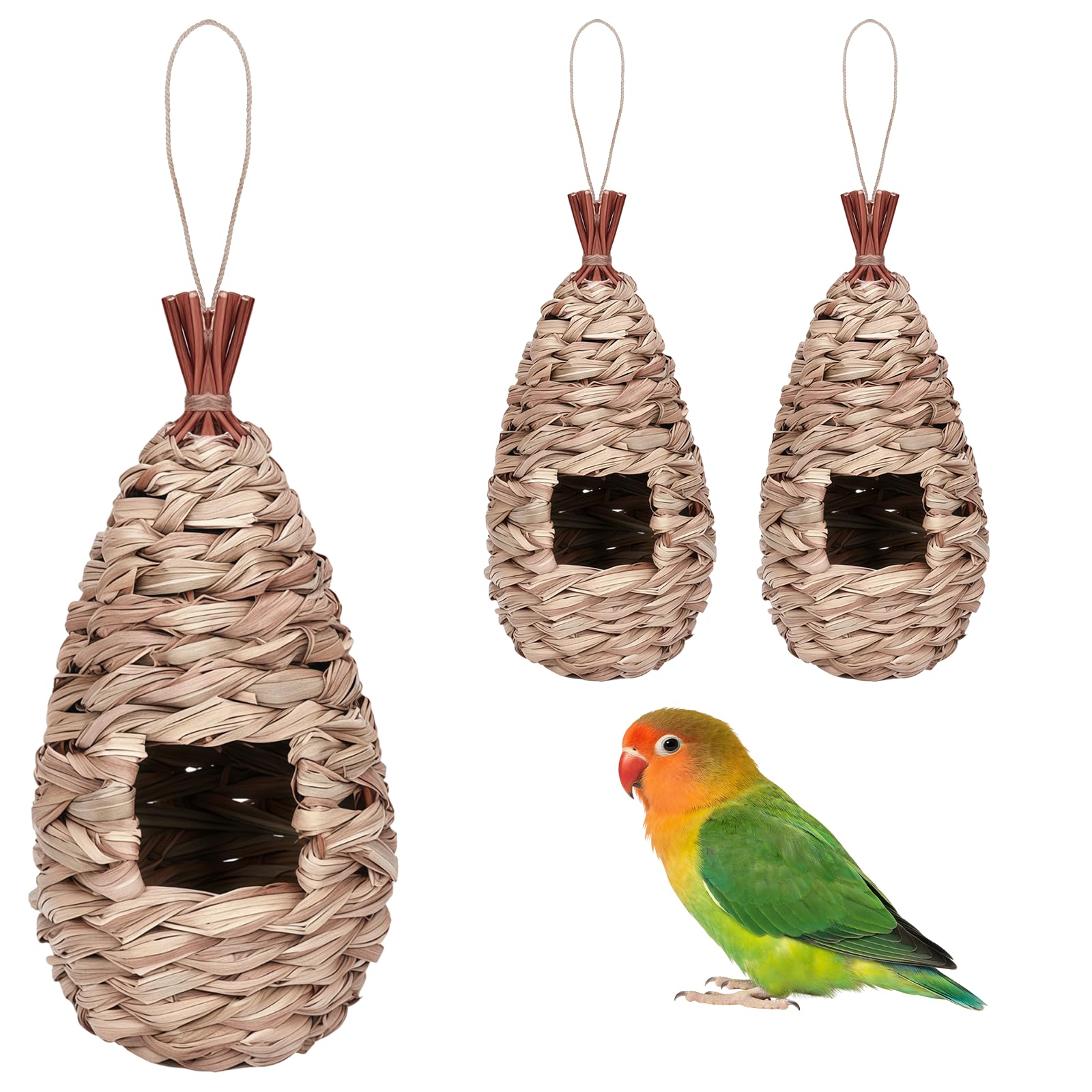 NAUZE 3 PCS Hand-Woven Reed Grass Bird Nests Hanging Bird Nest House Handcrafted Hut Natural Style Birdcage Garden Decoration for Outdoor and Indoor Use Tree Trunks