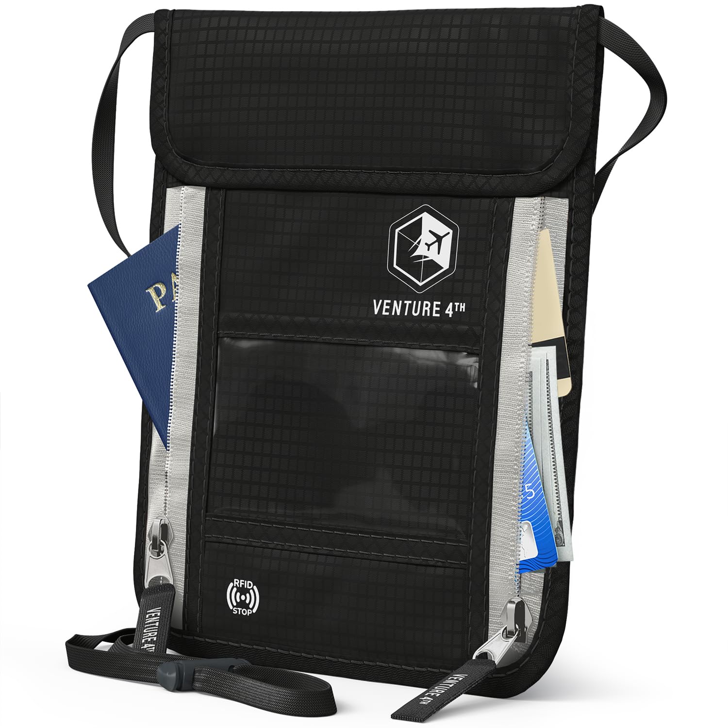 Venture4th Passport Holder Neck Pouch with RFID Blocking The # 1 Travel Wallet (Black)