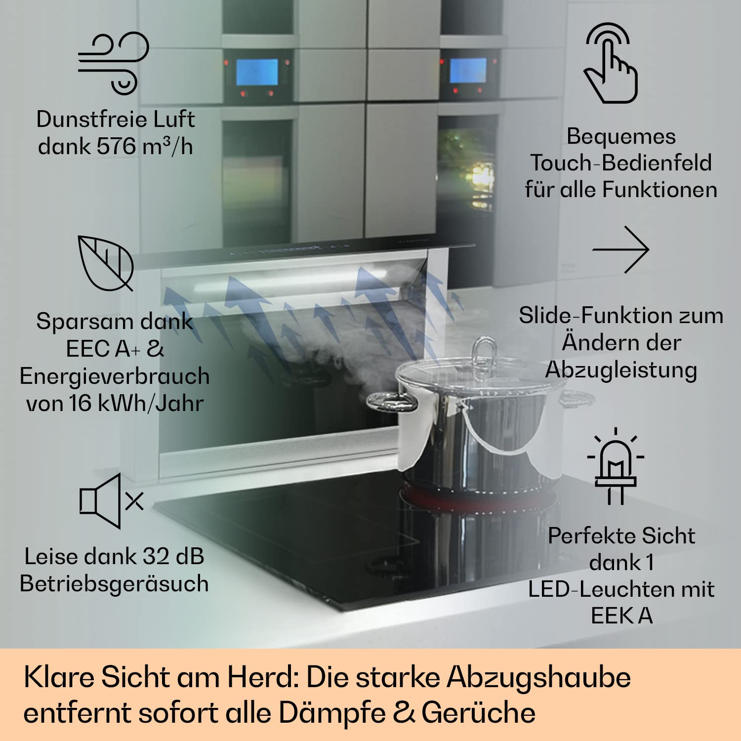 Klarstein Royal Flush Eco Dunstabzugshaube 60 cm - A++ Energieeffizienz, 576 M³/H Abluft, Touch-To-Slide Bedienfeld, Led-Beleuchtung, Edelstahl & Glas Design, Geräuscharm 51 dB