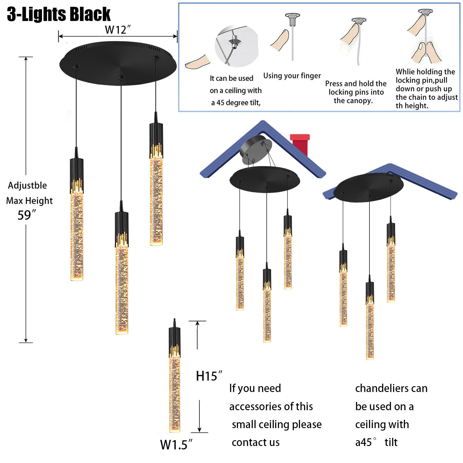 Lámpara de araña Mini Moderna Negra de 3 Luces | Lámpara Colgante LED de Cristal Regulable para Isla de Cocina, Comedor, Dormitorio, 2700K-6000K