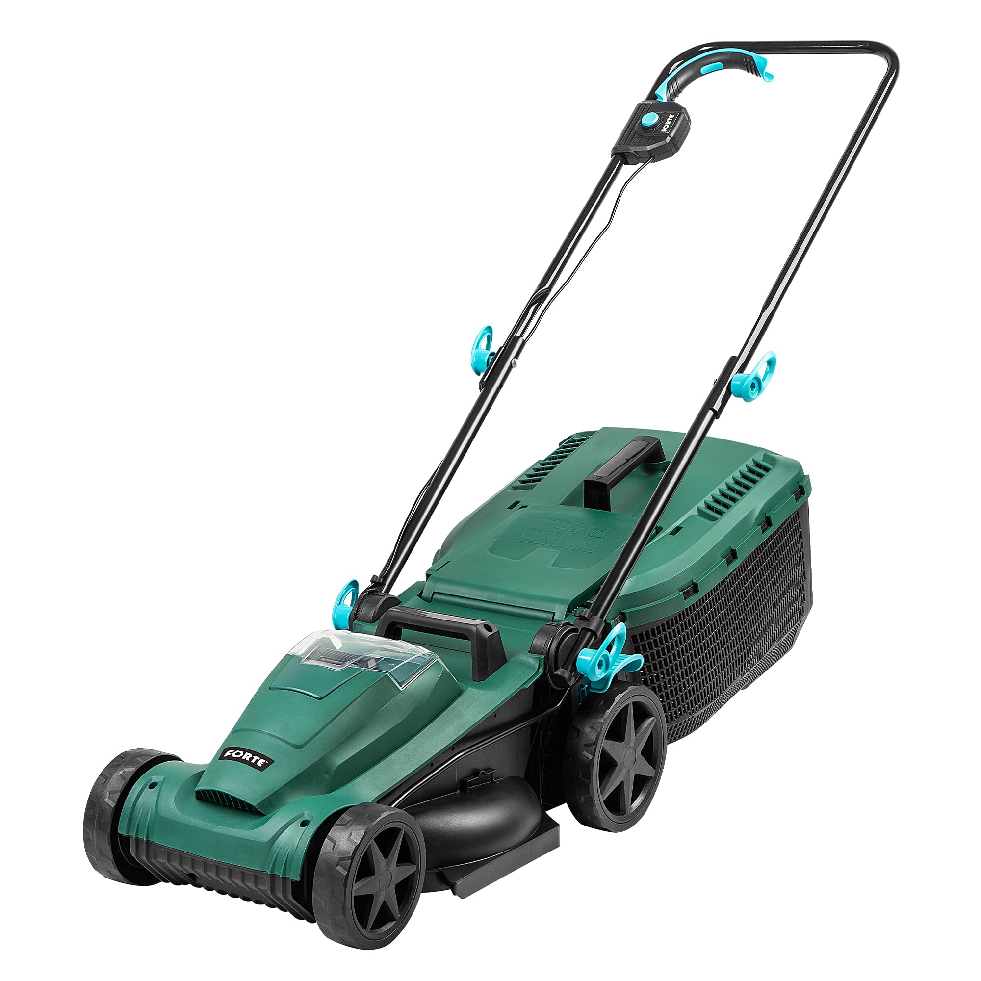 FORTE Cortacésped inalámbrico de 21,6 V y 34 cm con batería de iones de litio de 4,0 Ah, cargador rápido y rodillo trasero. Potente cortacésped de batería para césped pequeño a mediano (cortacésped de