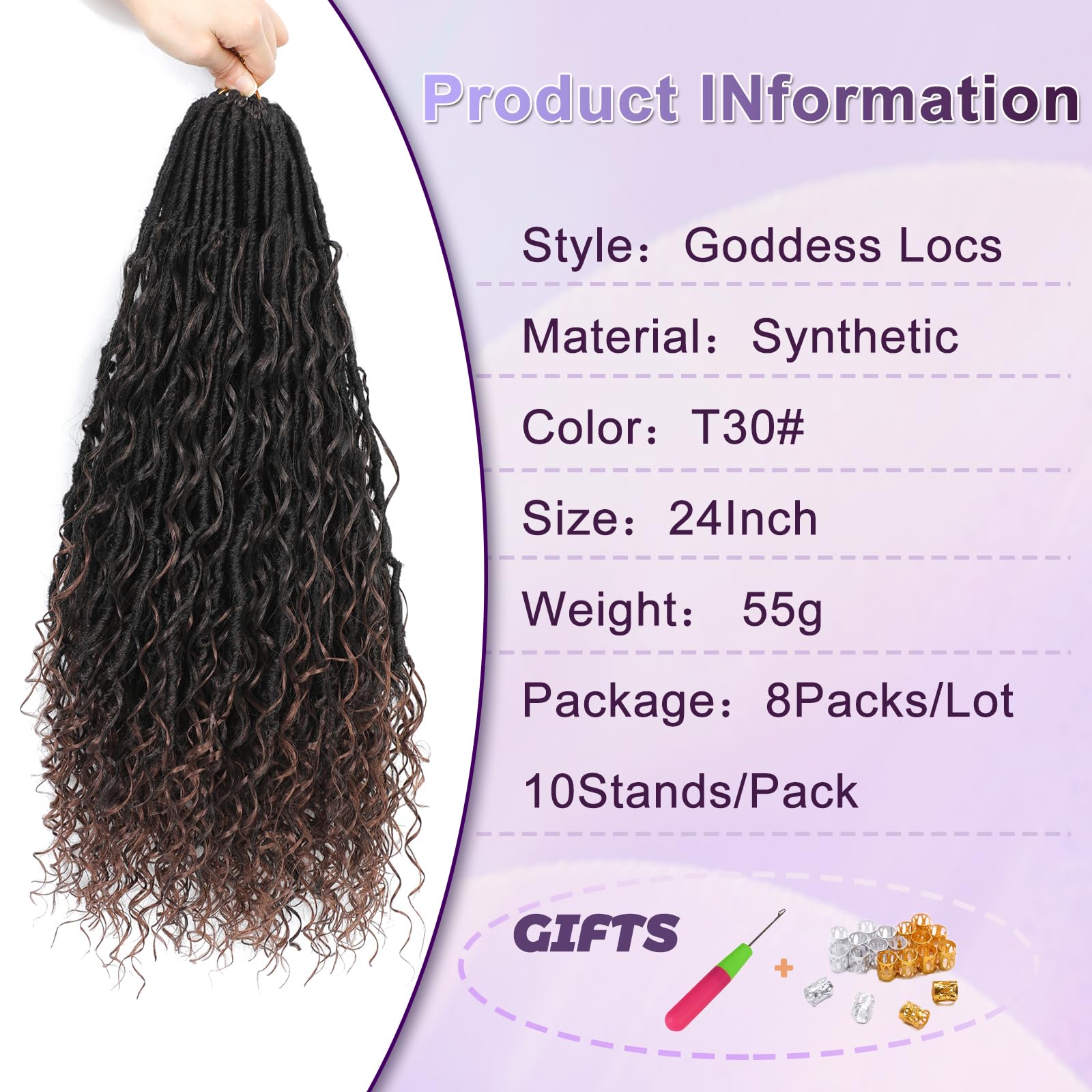 FANWYFYU 8 Packs Boho Faux Locs Crochet Hair 24 inch Goddess Locs Boho Soft Locs Crochet Hair with Curly Ends Pre-looped Long Bohemian River Locs Crochet Hair For Women (T30#) - Image 2