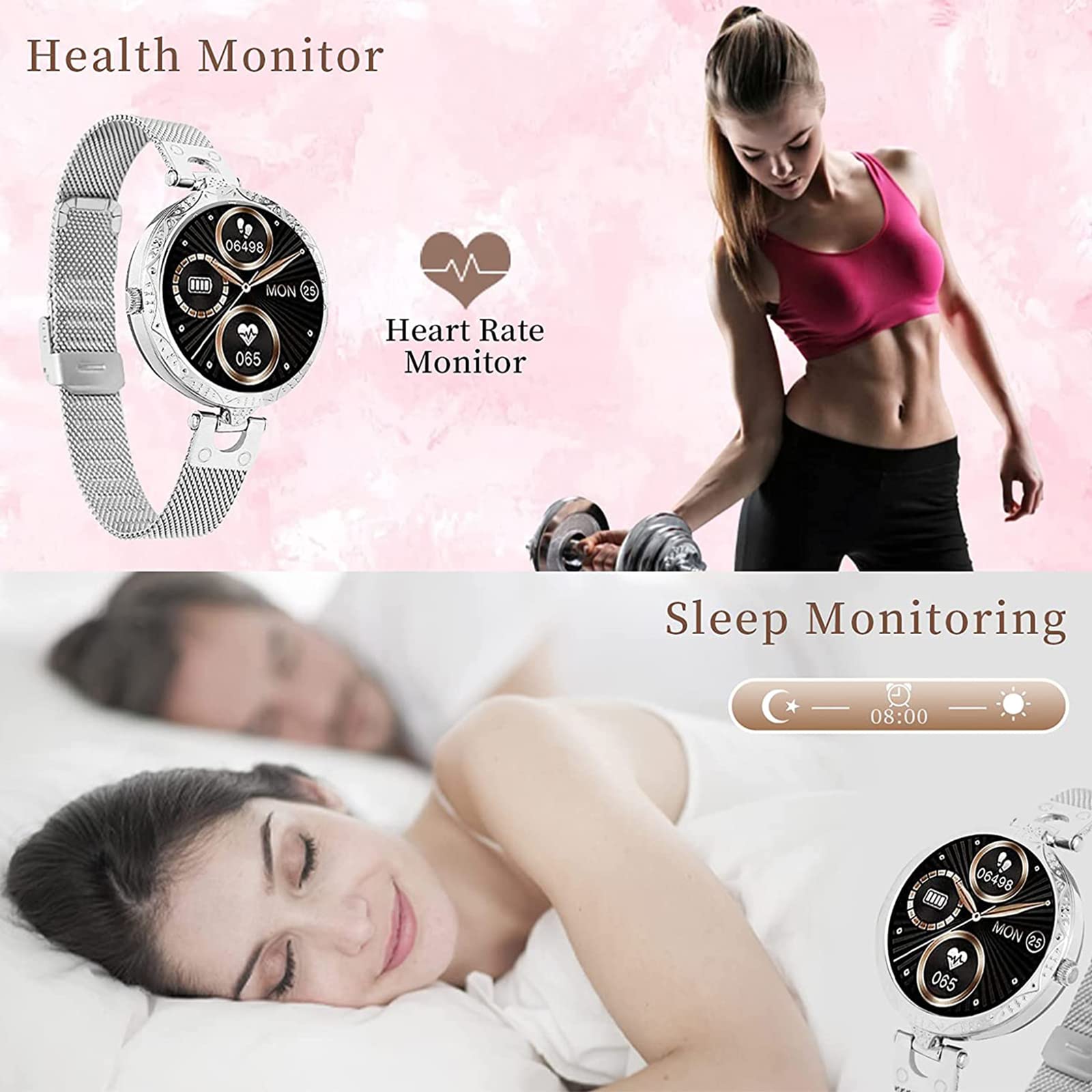 Damski smartwatch z ekranem dotykowym 2.8 cm. Wodoodporny monitor aktywności IP68 z pulsometrem, zegarek fitness, krokomierz, stoper, inteligentny zegarek do iOS/Andoid, złoty