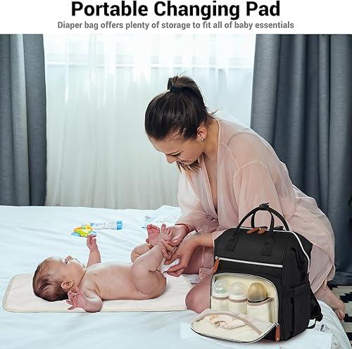 Miniatura 6 de Mochila para pañales para bebé, bolsa de bebé multifunción impermeable con cambiador, bolsillos aislados, bolsa grande para mamá, Negro -, Grande,