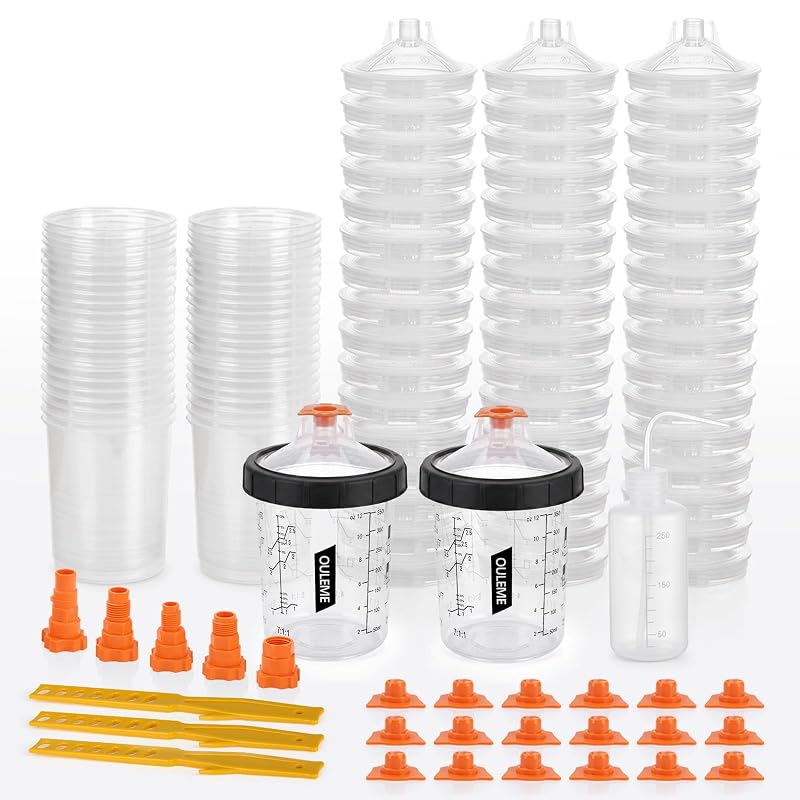 OULEME Kit de Copo Descartável para Pistola de Pintura 350 mL com Filtro de 125 M, 50 Forros, Tampas e 5 Adaptadores