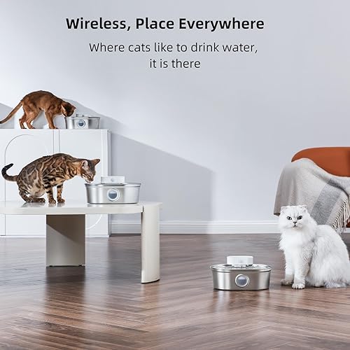 Miniatura 5 de uahpet Fuente de agua inalámbrica para gatos de acero inoxidable Pro, bomba externa a batería, dispensador de beber para perros con ventana de nivel