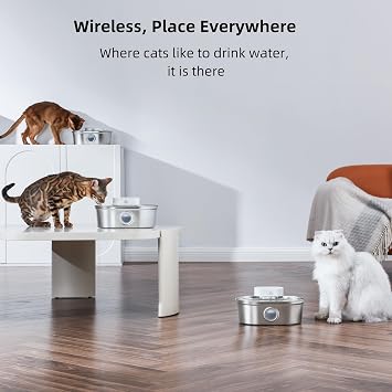 uahpet Wireless Cat Water Fountain Stainless Steel Pro, External Pump Battery Operated Pet Waterer, Dog Drinking Dispenser with Water Level Window, 67oz/2L