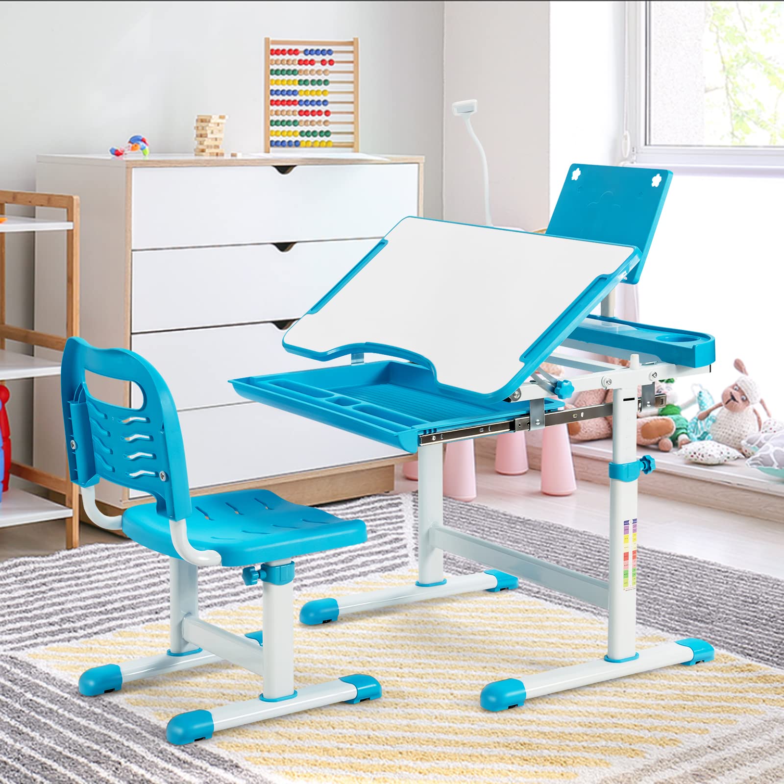 GOPLUS Kinderschreibtisch höhenverstellbar, Kindertisch und Stuhl mit Bücherständer & LED-Licht, Scülerschreibtisch mit neigbarer Tischplatte & Schublade, Jugendschreibtisch mit Stuhl (Blau)