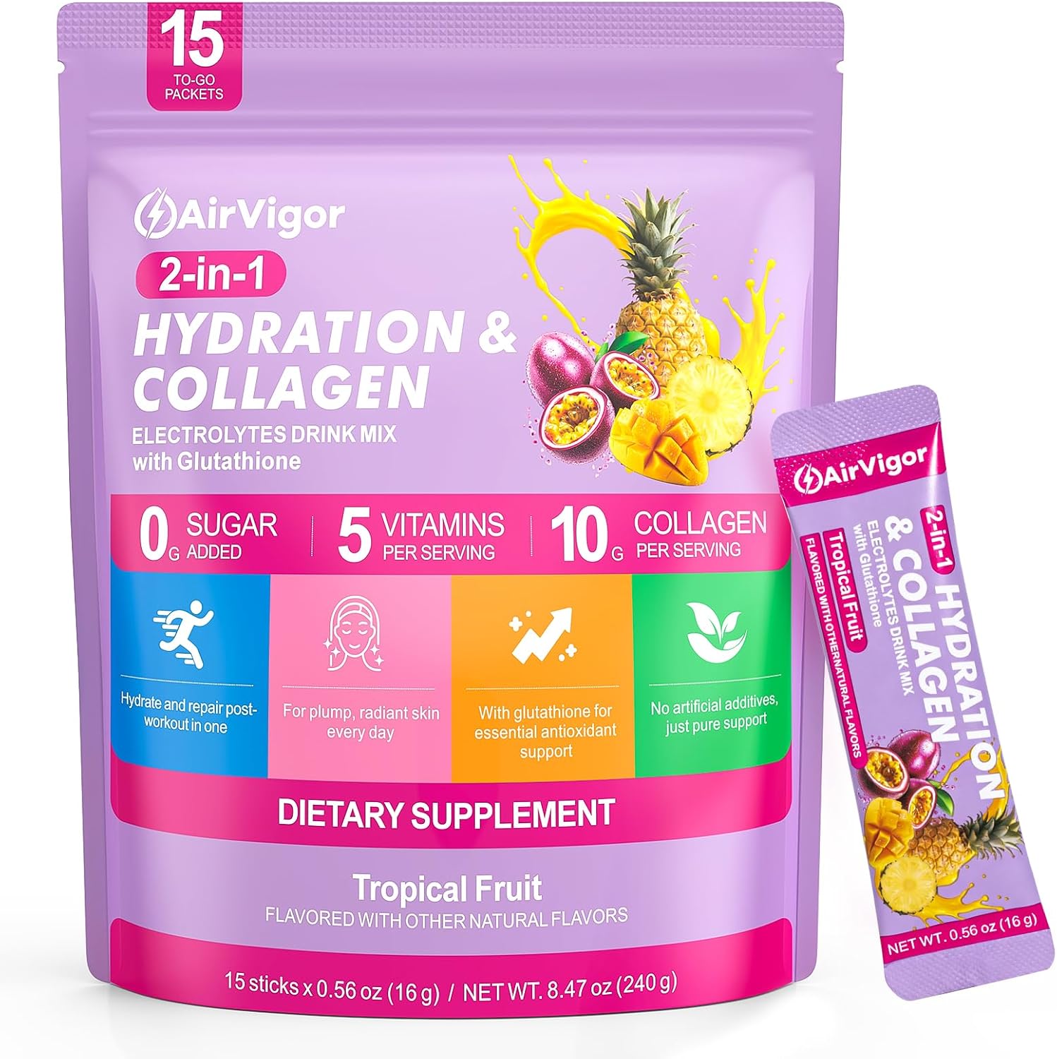 Electrolyte Powder Packets, 10G Collagen Hydration Packets, Sugar Free Daily Electrolyte Hydration Recocery Drink Mix with 5 Vitamins & Glutathione, Joint Skin Muscle Support, Keto, Tropical