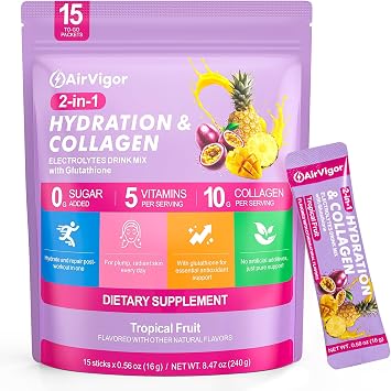 Electrolytes Powder Packets, 10G Collagen Hydration Packets, Sugar Free Daily Electrolyte Hydration Recocery Drink Mix with 5 Vitamins & Glutathione, Joint Skin Muscle Support, Keto, Tropical