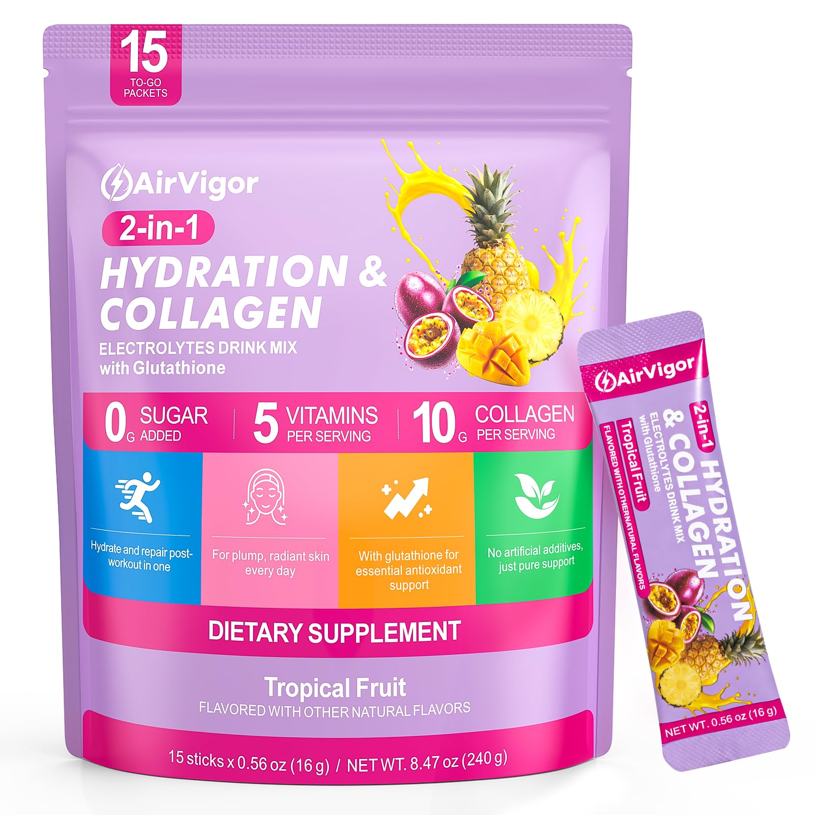 Collagen Electrolytes Powder Packets, 10g Collagen, Tropical Fruit