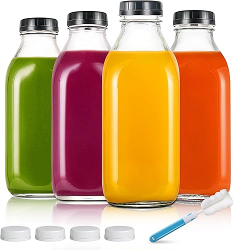YEBODA Botella de leche de vidrio de 32 onzas con tapas de plástico a prueba de manipulaciones (paquete de 4) contenedores de bebidas lácteos