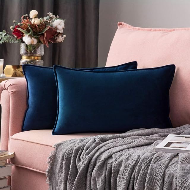MIULEE Pack of 2 Velvet Soft Decorative Square Throw Pillow Case Flanges Cushion Covers Pillowcases for Livingroom Sofa Bedroom with Invisible Zipper 30cm x 50cm 12x20 Inch Set of Two Navy
