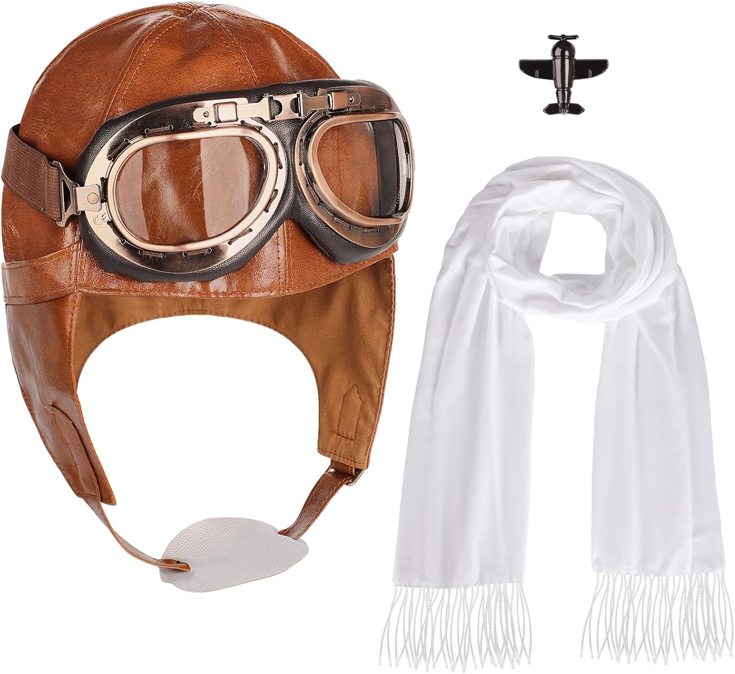 4Pcs Aviator Costume Accessories,Aviator Hat With Goggles White Scarf Brooch,Pilot Cap for Adults Halloween Party