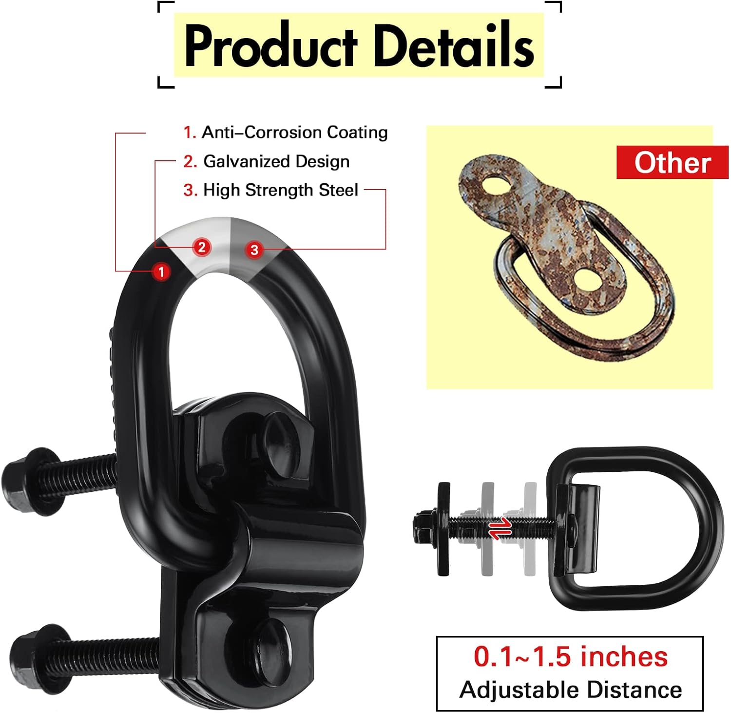 Riakrum 8 Pieces D Ring Tie Down Anchor 1/2 Inch Heavy Duty Tie Down Rings 12000 Lbs Break Strength Anchors Hook with Screws Bolts for Trailer Truck Bed Cargo(Black) - Image 4