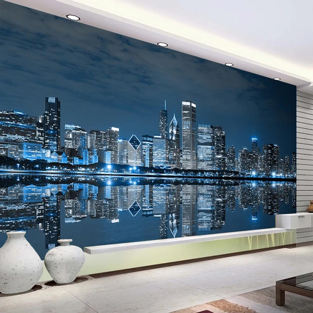 XINRUYI 3D Mural Wallpaper of New York City Architecture at Night Reflection Wallcovering Art Stickers for Bedroom and Living Room Decoration