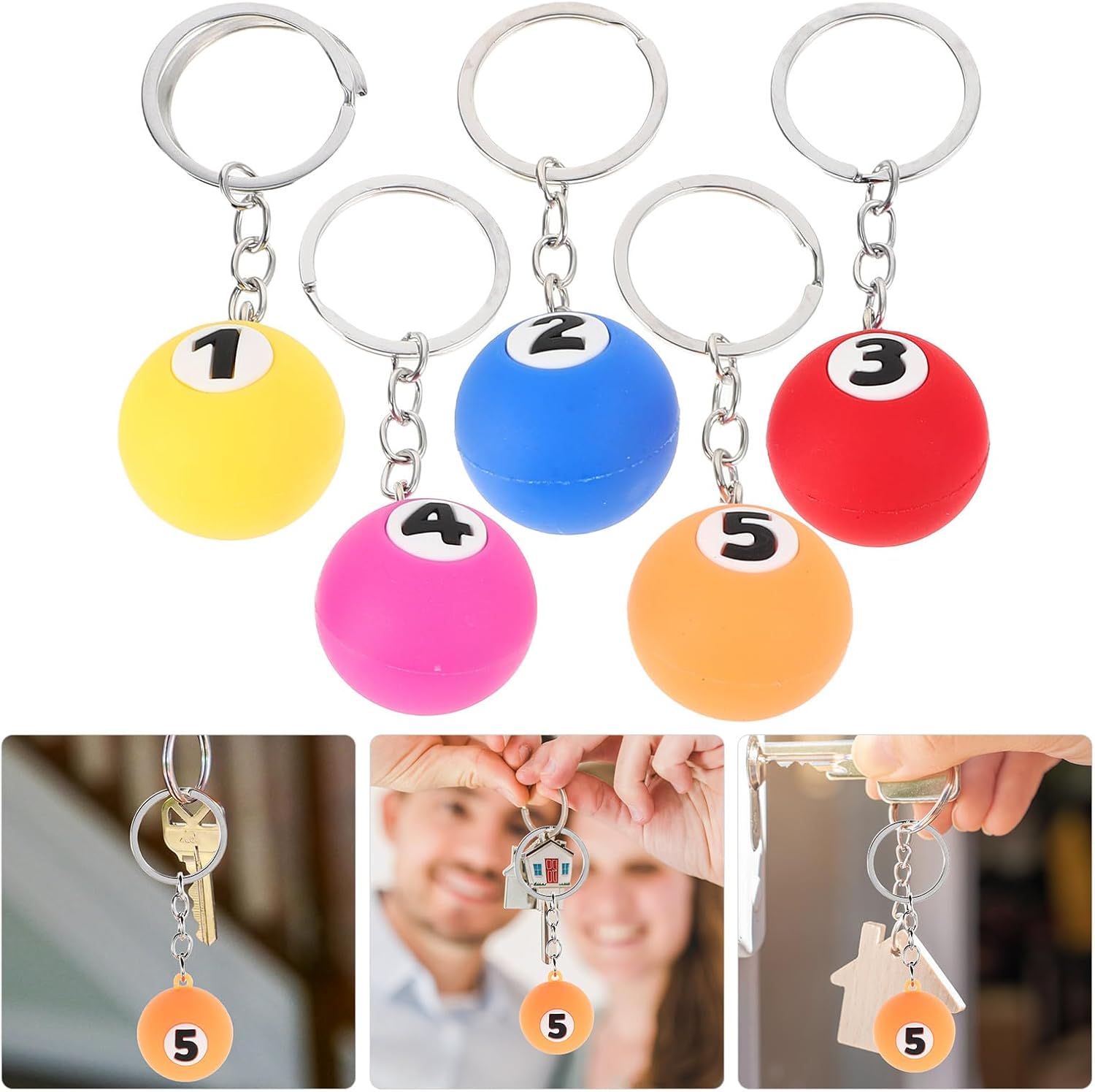 5pcs Billiard Key Pendant Set Pool Ball Sports Keychains 1-5 Numbers Bag and Backpack Key Holder for Sports Fans