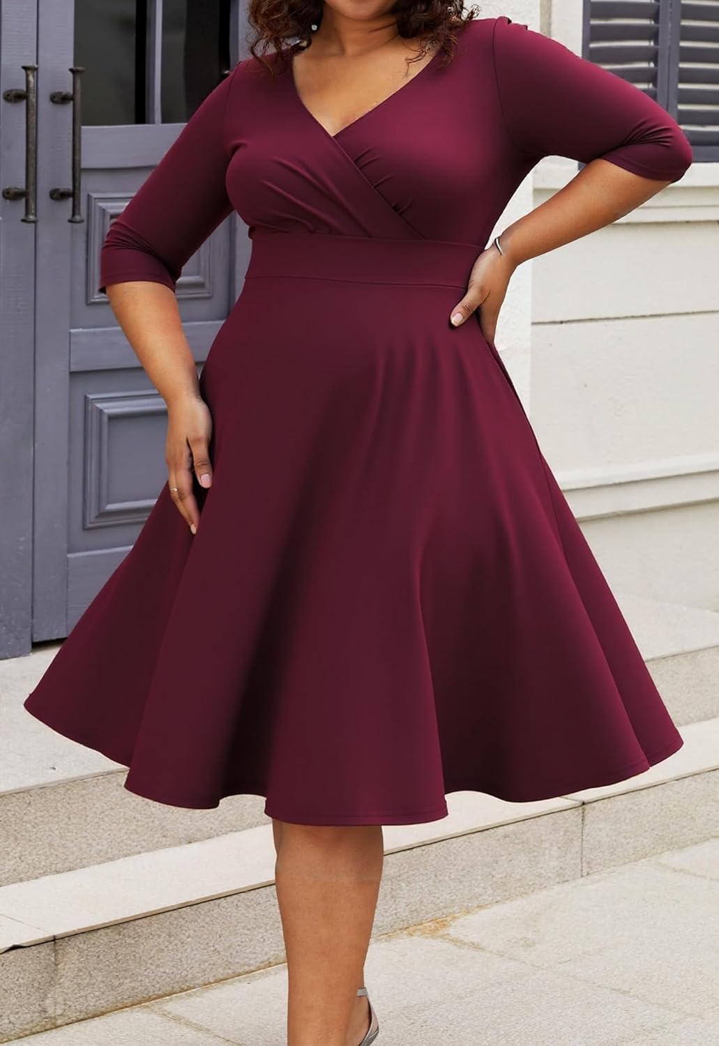 Womens Plus Size Dresses Faux Wrap Summer Dress 3/4 Sleeves V Neck 1950s Retro Vintage Wedding Party Midi Dress - Image 2